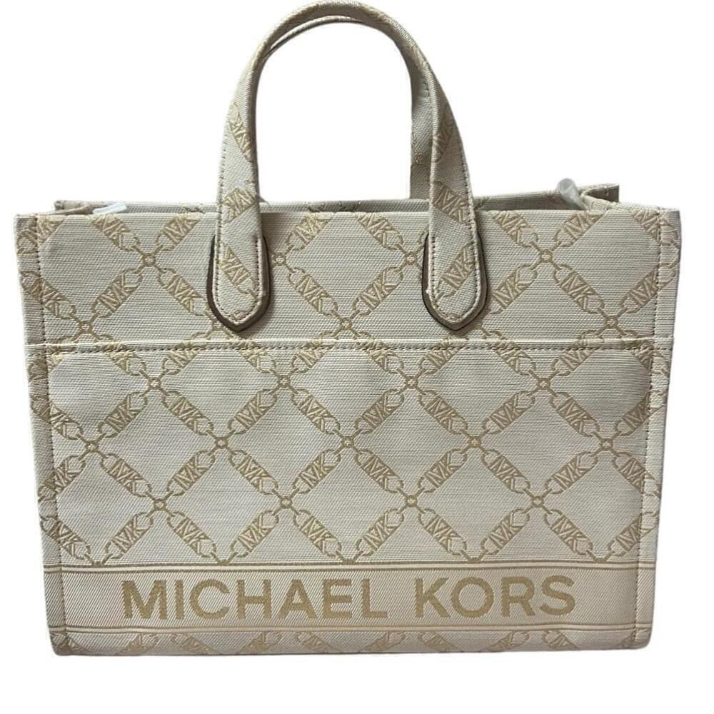 MICHAEL KORS Gigi Large Chain-Link Gold Monogram Grab Tote Bag Removable Strap